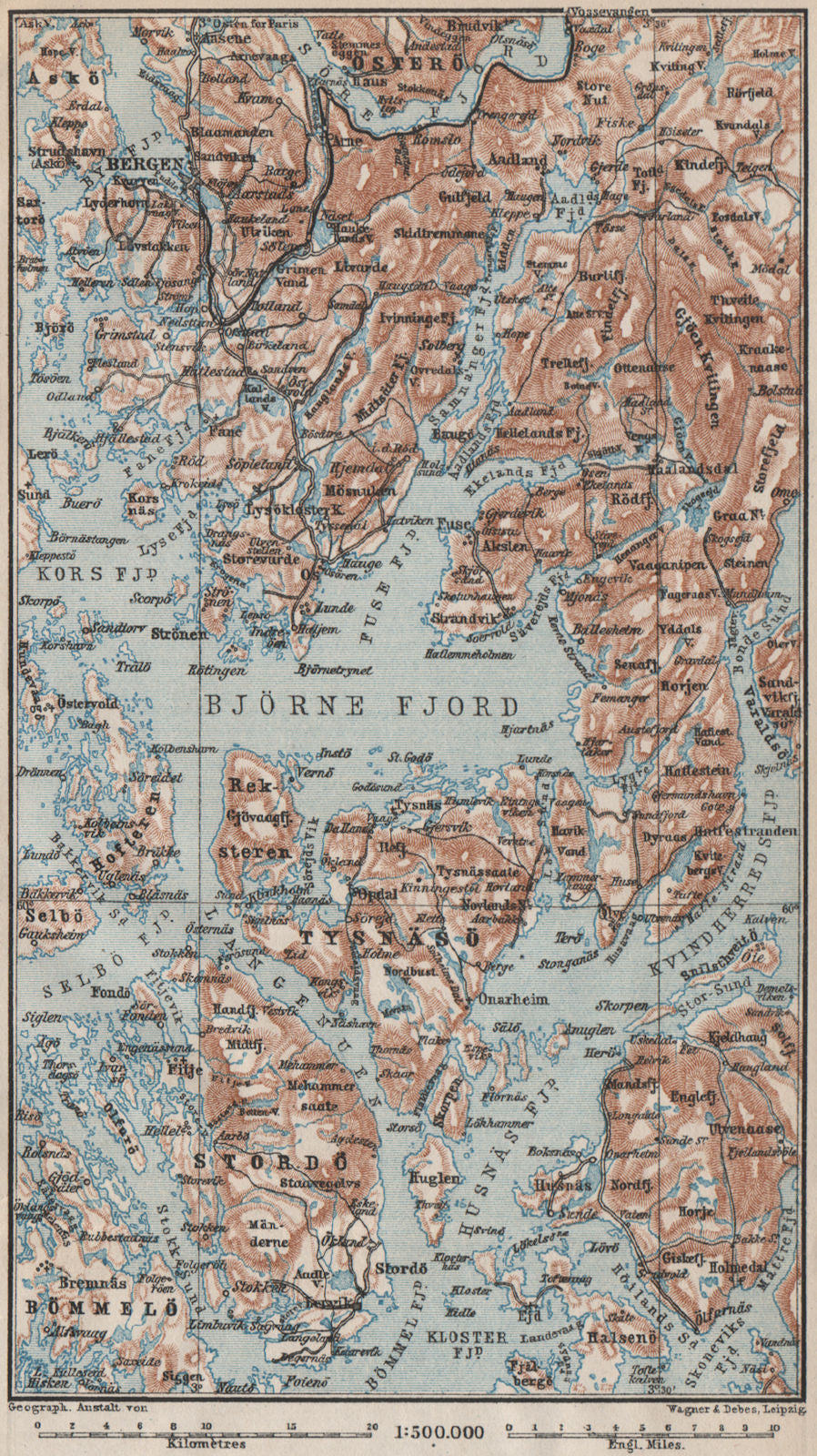 OUTER HARDANGERFJORD topo-map. Bergen Stordo. Norway kart. BAEDEKER 1885